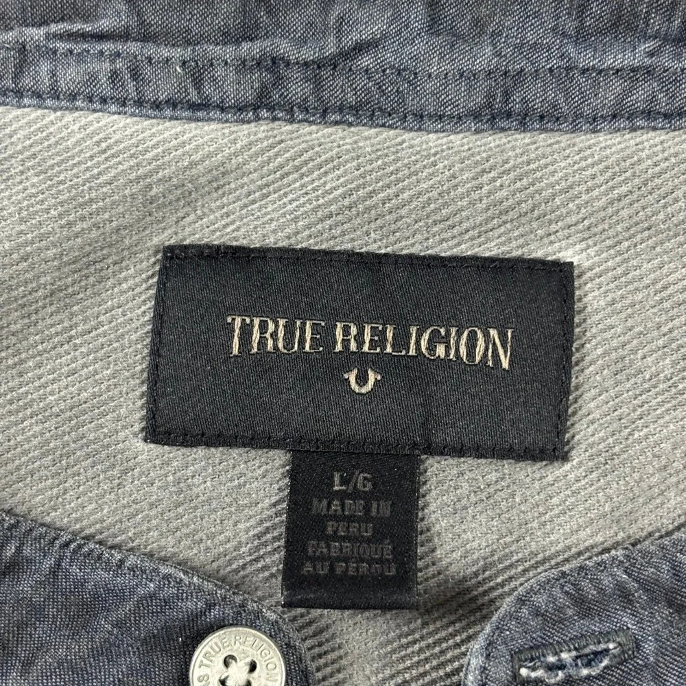 True Religion Henley Shirt Y2K Vintage Embroidered Logo Long Sleeve Grey Large